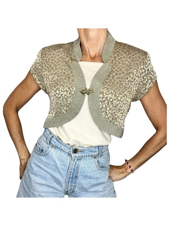 Vintage Jackets & Blazers - Vintage Canadian made sage green taupe metallic animal print cropped jacket 12